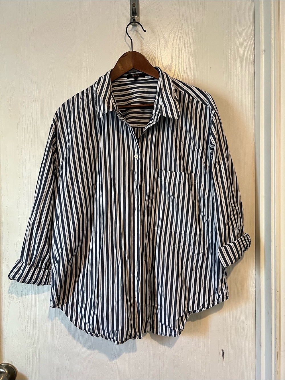 Quince Women's Navy and White Striped Button-Up Shirt